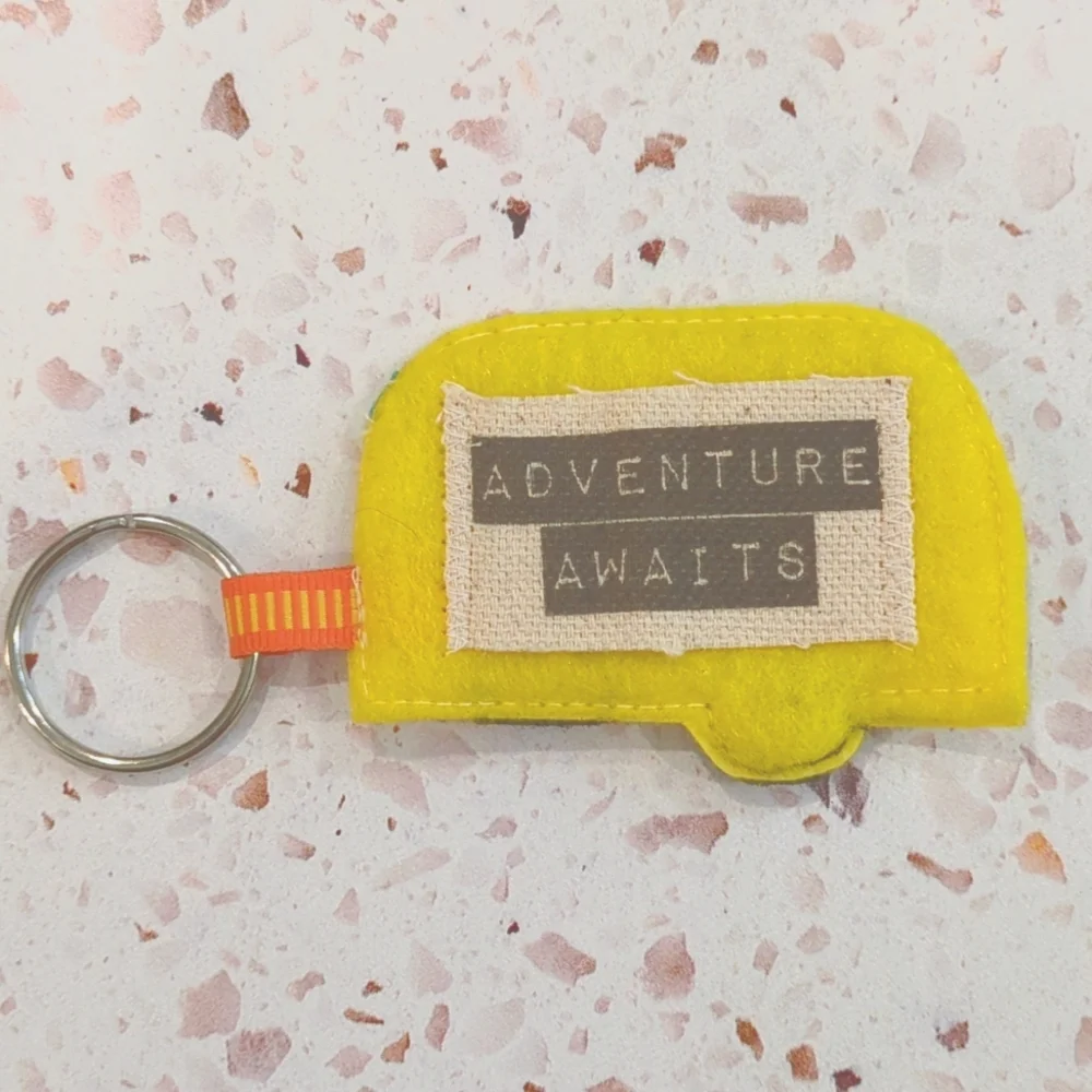 Adventure Awaits Yellow Retro Camper Handcrafted Key Tag | New #1